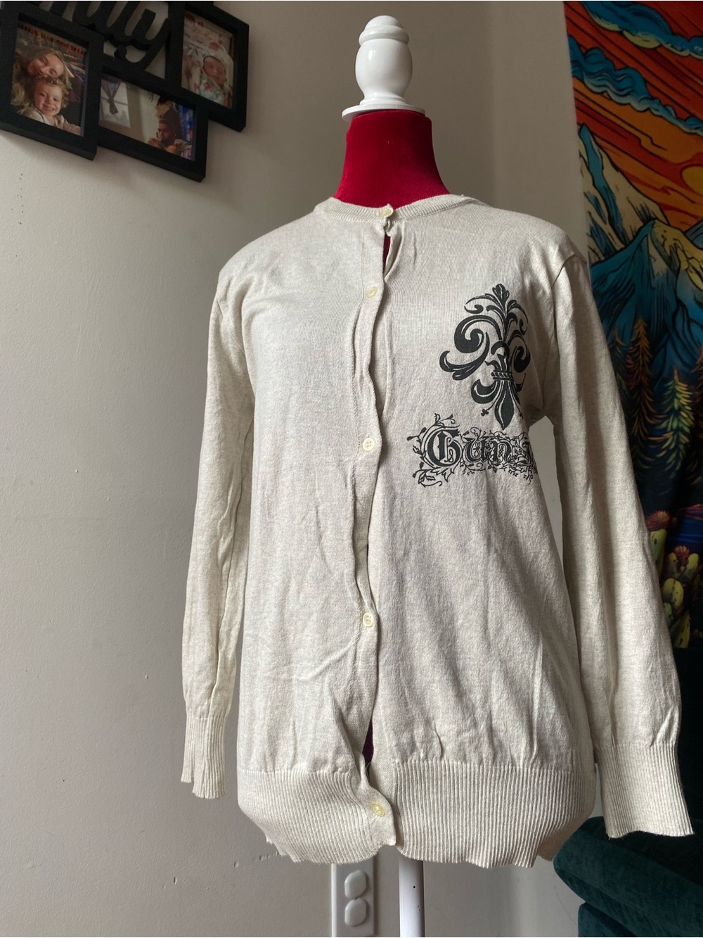 Cream Graphic Button-Front Cardigan Sweater